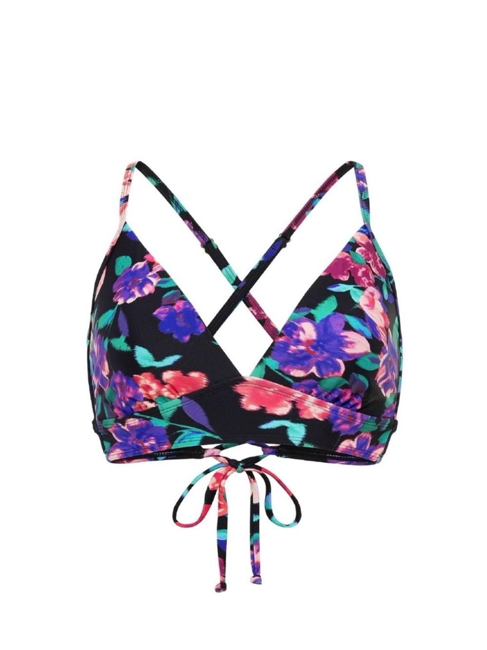 NWT Time and Tru Black Floral Tie-back bikini top.  Size Large